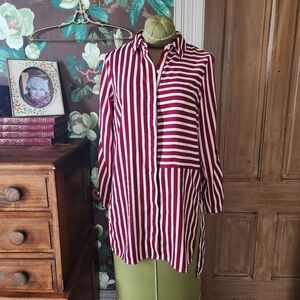 Bar III Red & White Striped Tunic Top | Tie-Cuff Long Sleeve Shirt | Women’s XS